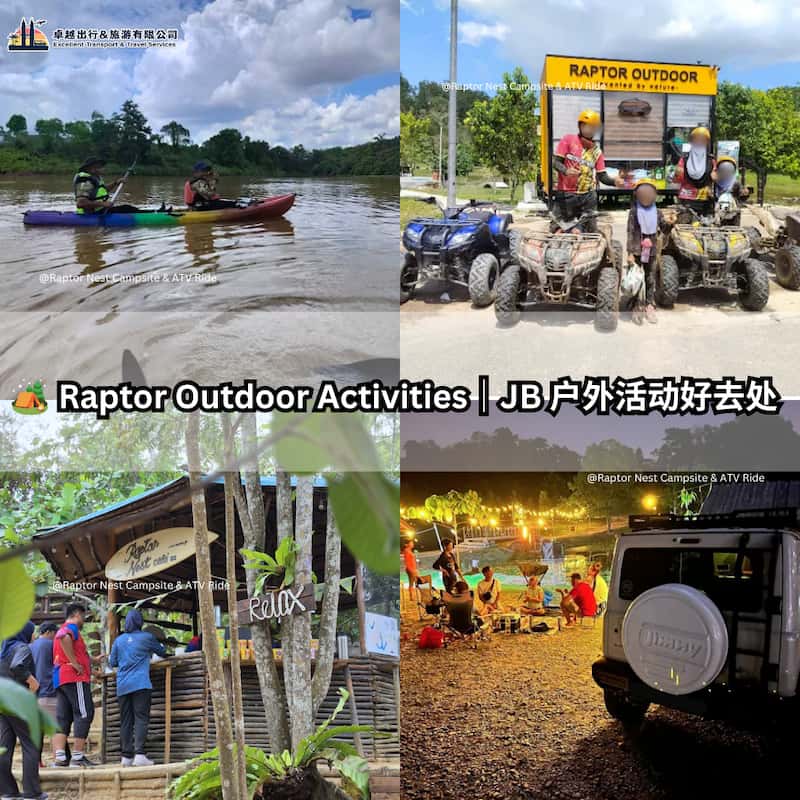 Raptor Outdoor activities in Johor Bahru featuring kayaking, ATV riding, a forest rest area and campsite